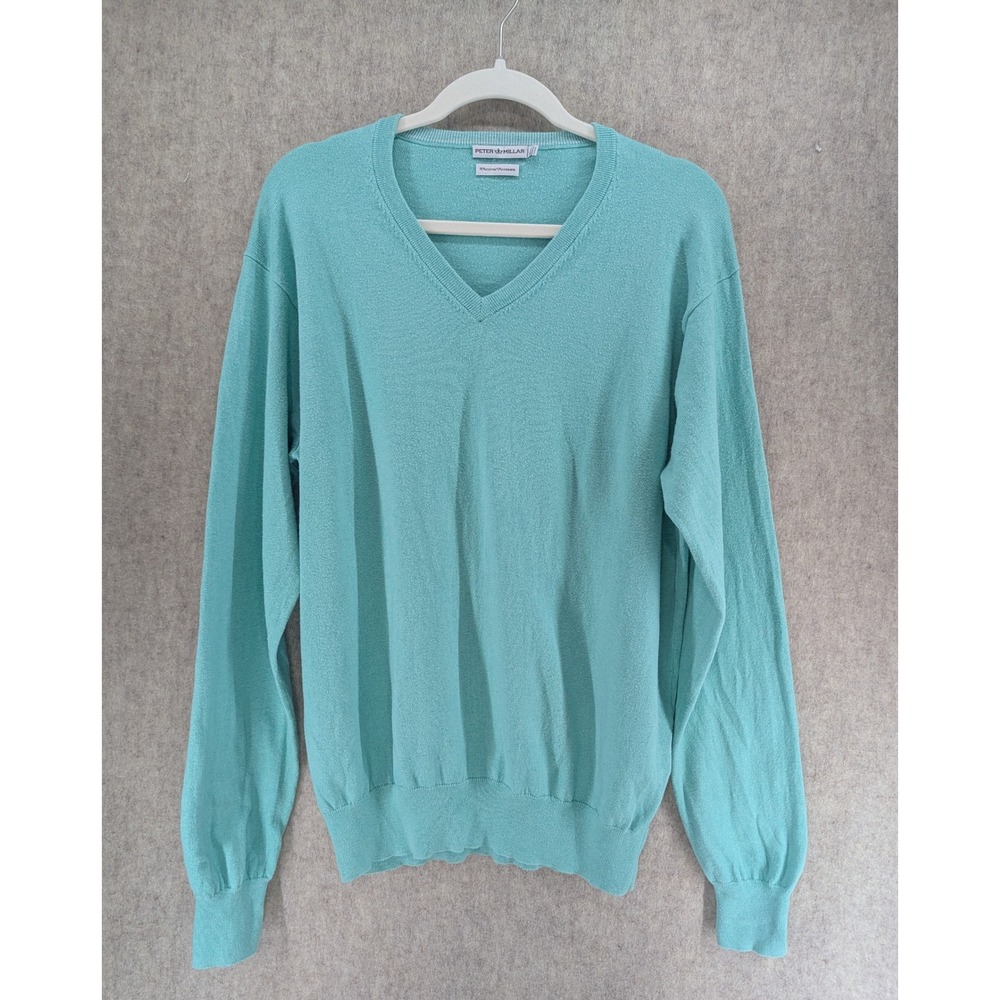 Peter Millar Mens V-Neck Sweater Turquoise Aqua Blue Cotton Cashmere Blend L